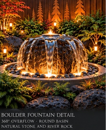 Earth Garden boulder fountain and lighter stone path