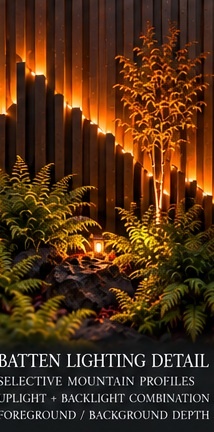 Warm fire-themed lighting and sauna garden wall