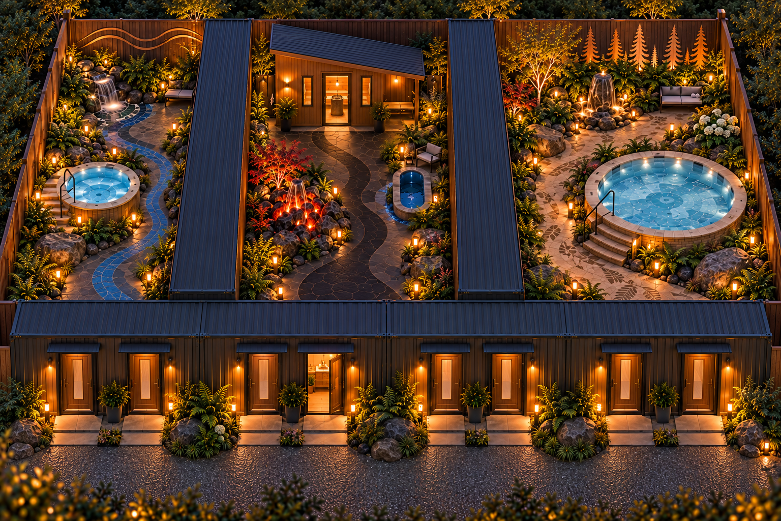 Concept rendering of Xanadu's three private hot tub and sauna retreats at dusk