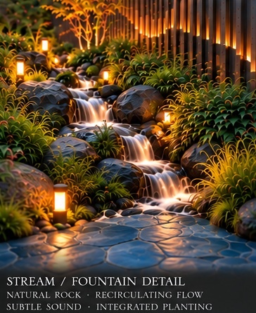 Flowing stream and fountain in the Water Garden