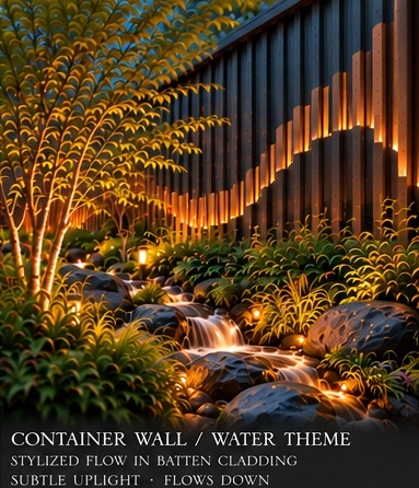 Water Garden layered privacy and water-themed wall